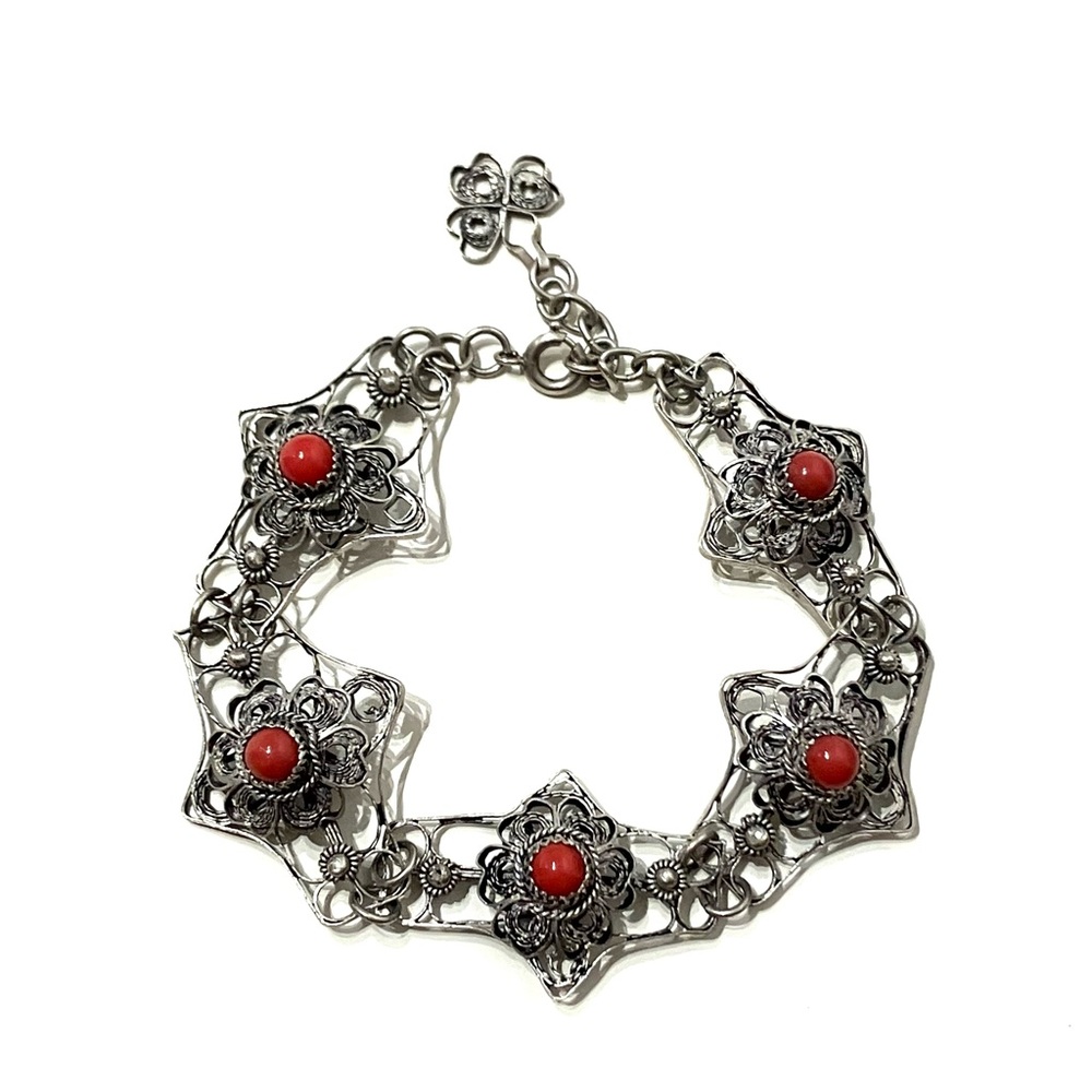 Antique Silver Filigree Coral Bracelet